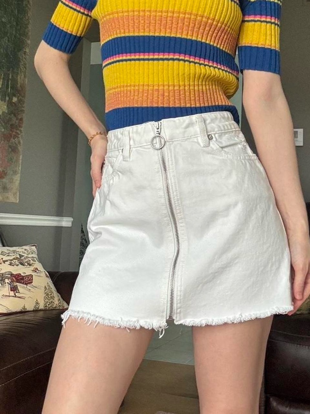 We The Free 100% Cotton White Zip-Front Denim Skirt with Ring Pull